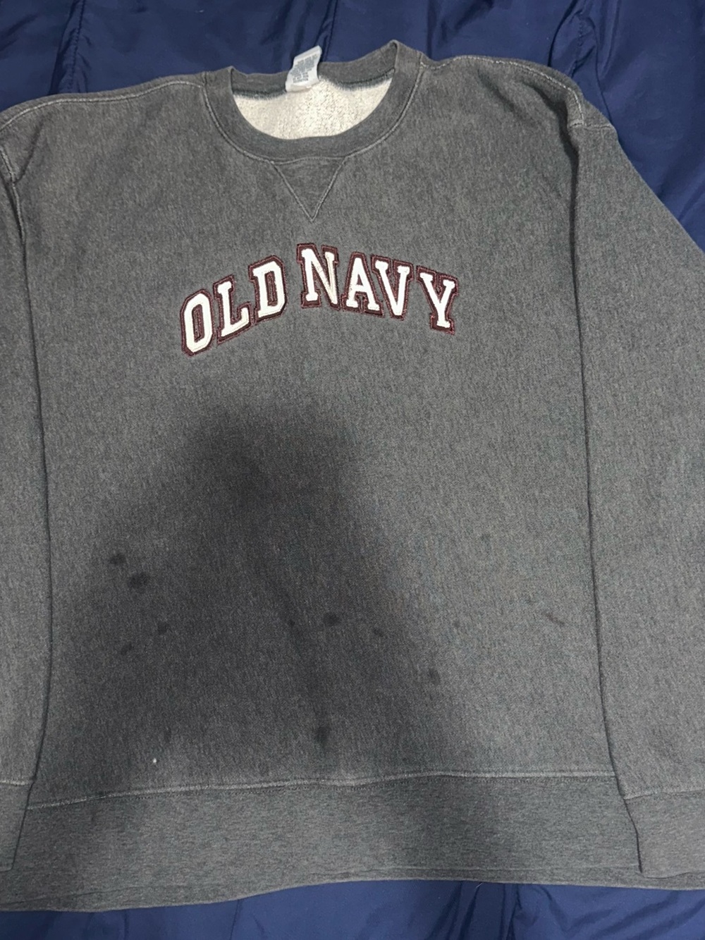 Old Navy Men's Dark Gray Crewneck with White and Maroon Logo